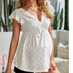 White maternity v-neck low back tie back eyelet blouse